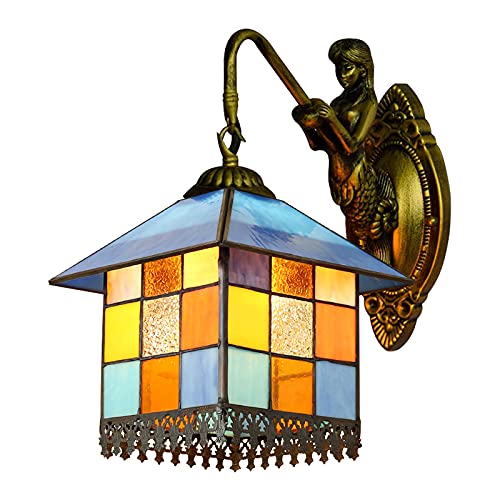 LITFAD Tiffany Style Stained Glass Wall Sconce Lighting, Mediterranean Aqua Petal Shape LED Wall Lamp Flower 1 Light Tiffany Antique Brass Wall Mount Lamp for Bedroom Villa Restaurant, Blue