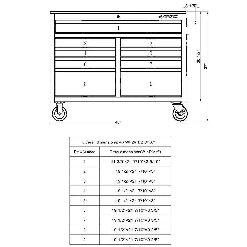 Husky 46 in. W x 24 in. D 9-Drawer Gloss Black Deep Tool Chest Mobile Workbench - Image 5