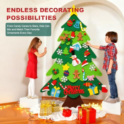 Felt Christmas Tree for Toddlers, 3.2ft DIY Felt Christmas Tree Set, with 5M LED String Lights, 32Pcs Detachable Tree Ornaments, Wall Decor with Hanging Rope for Kids Xmas Gifts Home Door - Image 6