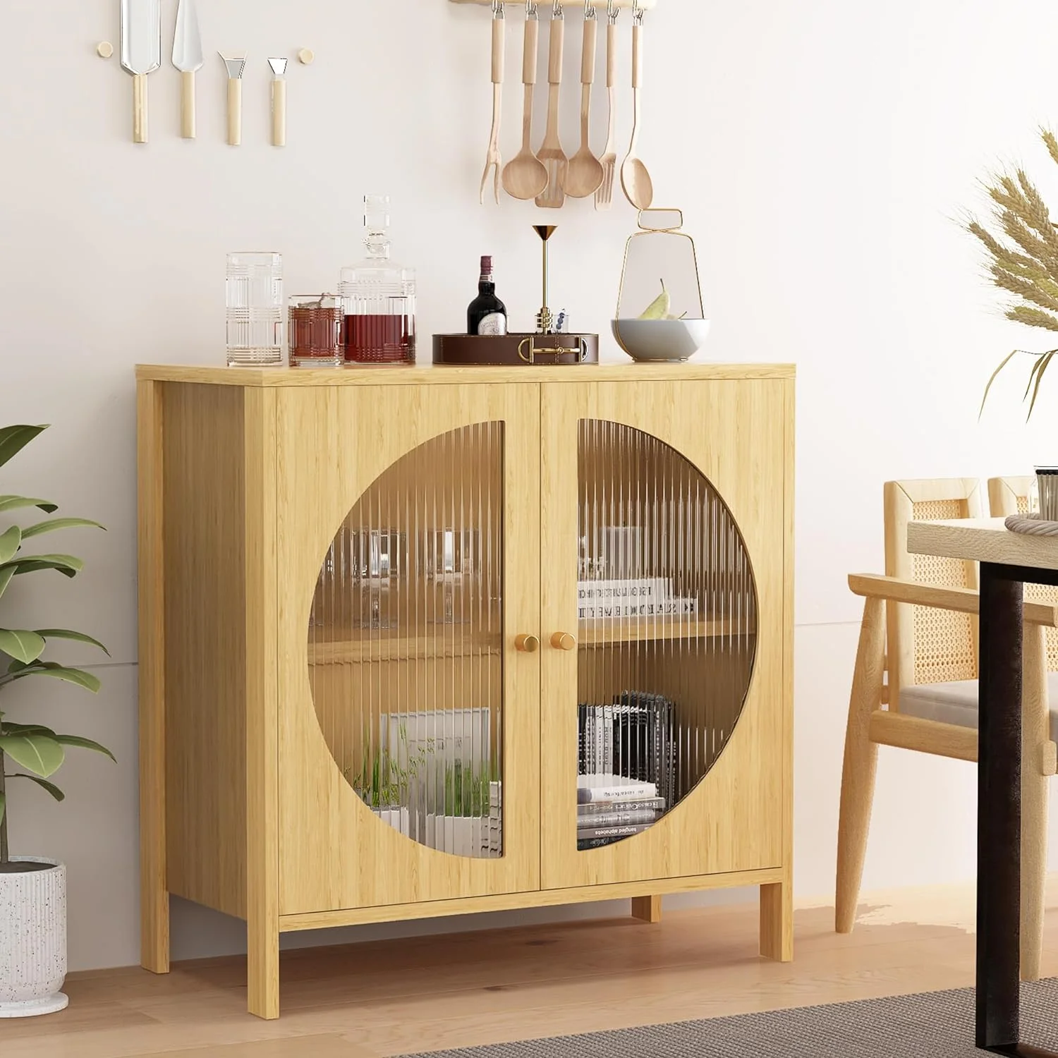 QCAI Sideboard Cabinet,Buffet Cabinet with Storage, Accent Storage Cabinet with Glass Doors, Cupboard Console Table for Living Room, Hallway, Dining Room, Entryway, 31.5X 15.7X 31.5 Inches