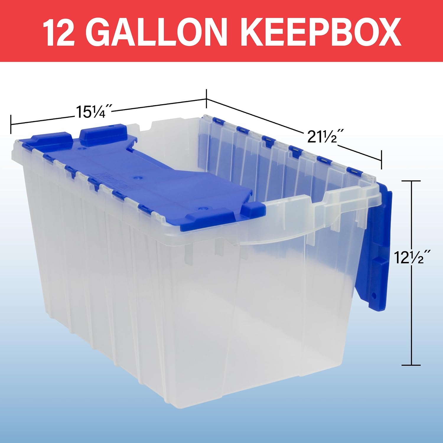 Akro-Mils KeepBox 12 Gallon Storage Container, Nesting and Stackable Plastic Storage Box with Lid Attached, Clear Tote for Garages, Closets, and Moving, 21-1/2 x 15 x 12-1/2, Clear/Blue, 6-Pack - Image 5