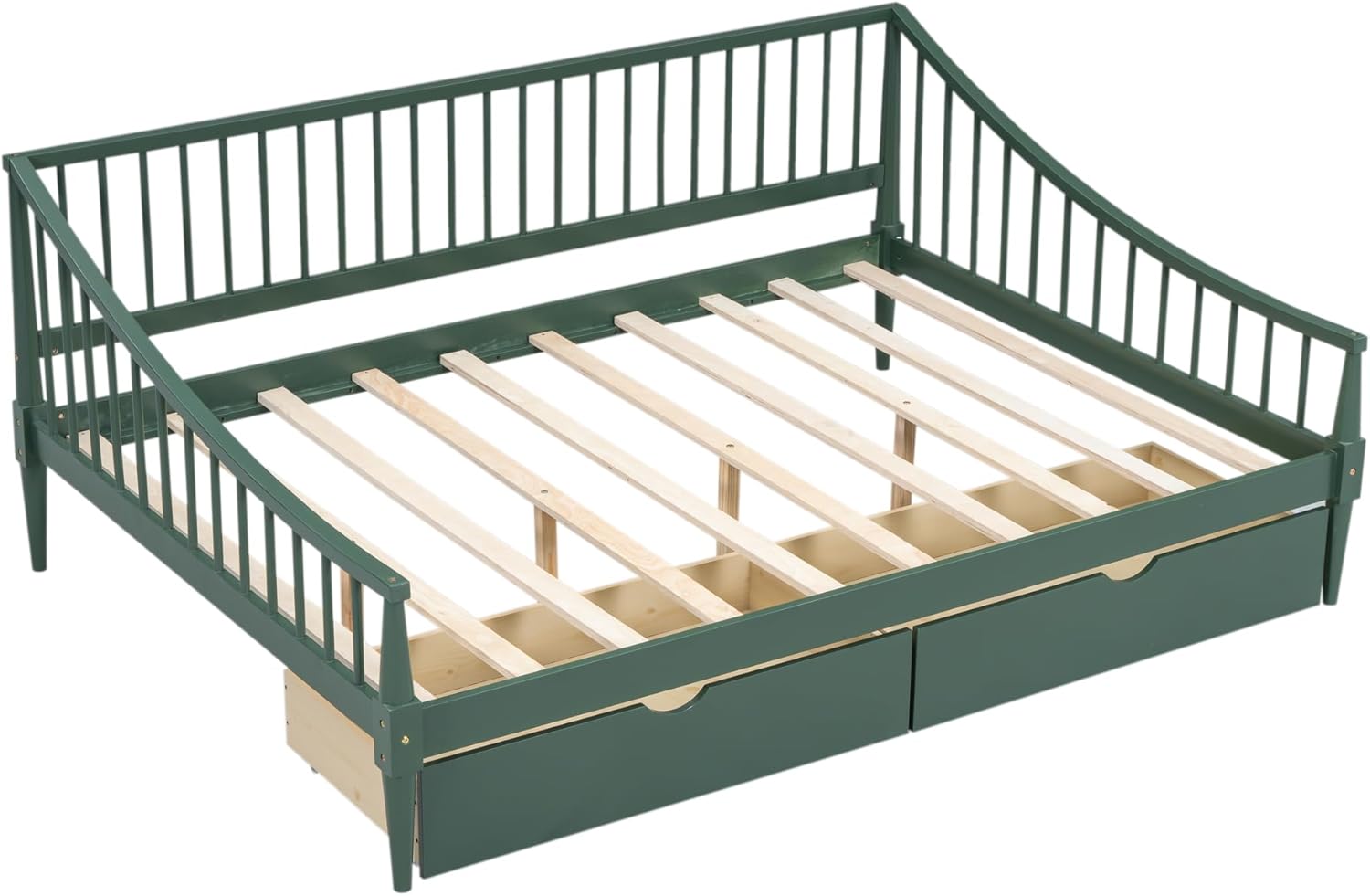 Full Size Wooden Daybed with 2 Storage Drawers and Wood Support Legs, Multi-Functional Full Day Bed wtih Rails on 3 Sides for Bedroom, Living Room and Guestroom, Green - Image 6