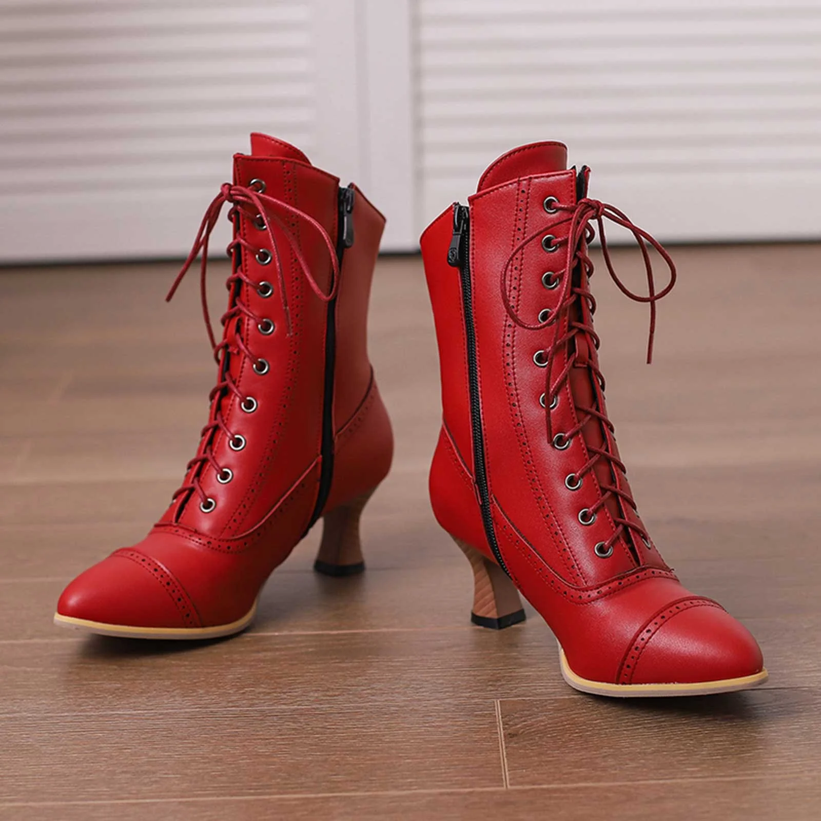 PMUYBHF Female Women Sandals and Slides Lace up British Boots Wine Glasses and Round Headed Solid Color Large Women’s Short Boots Red 38 - Image 8