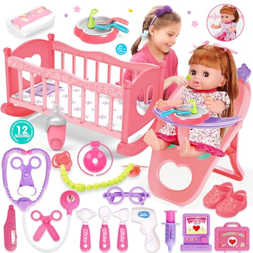 Baby Doll Toys Set, 14 Doll Toys, 25Pcs Dolls Care Toy Playset, Toddlers Toy Doll Set Incl Cradle Crib, High Chair, Milk Bottle, Pacifier, Diaper, Baby Gift for Age 3 4 5 6+ Years Old Girls Boys - Image 3