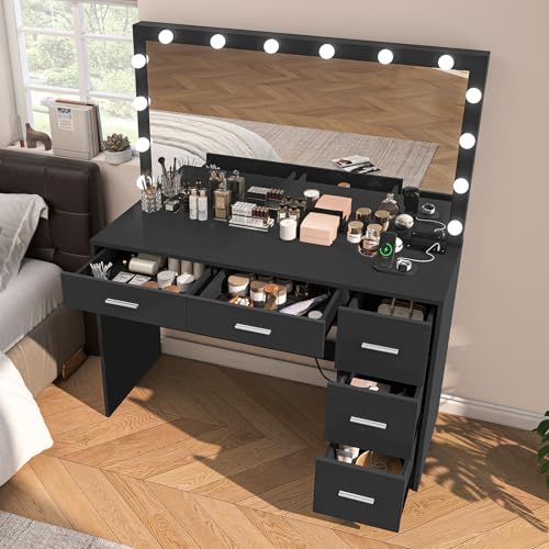 Makeup Vanity Desk with Mirror, 10 Lights, 5 Drawers, 3 Storage Shelves, 3 Color Modes & Adjustable Brightness Dressing Table, 35.4?? Desk, Black - Image 20