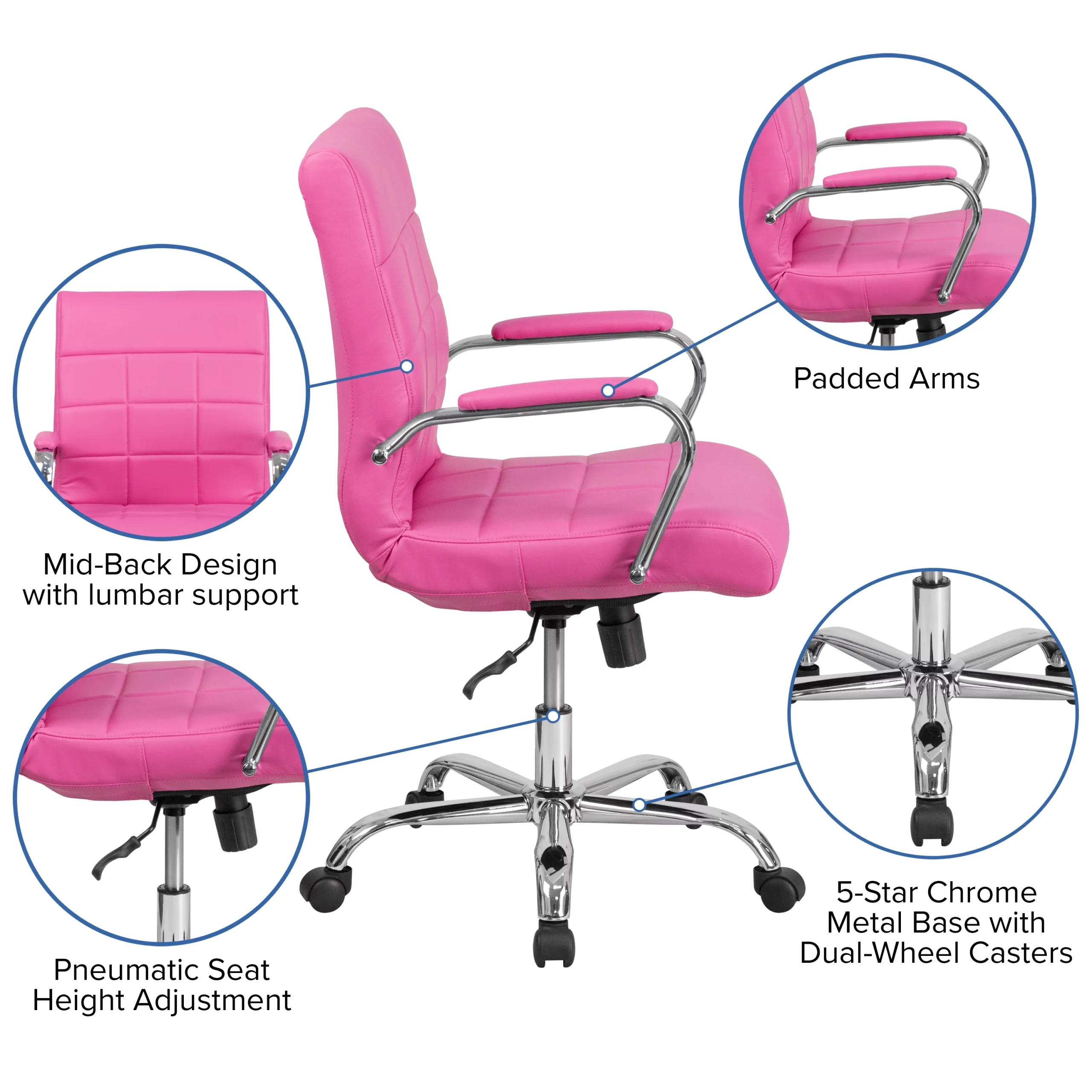 Emma + Oliver Mid-Back Pink Vinyl Executive Swivel Office Chair with Chrome Base and Arms - Image 6