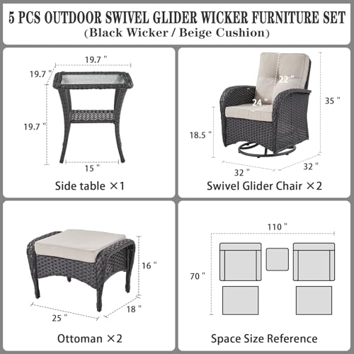 Patio Wicker Chairs Swivel Rocker – Outdoor Swivel Rocking Chairs Set of 2 with Rattan Side Table, Patio Swivel Glider Chair 3 Piece Patio Furniture Sets for Deck Porch Pool Brown/Blue - Image 216