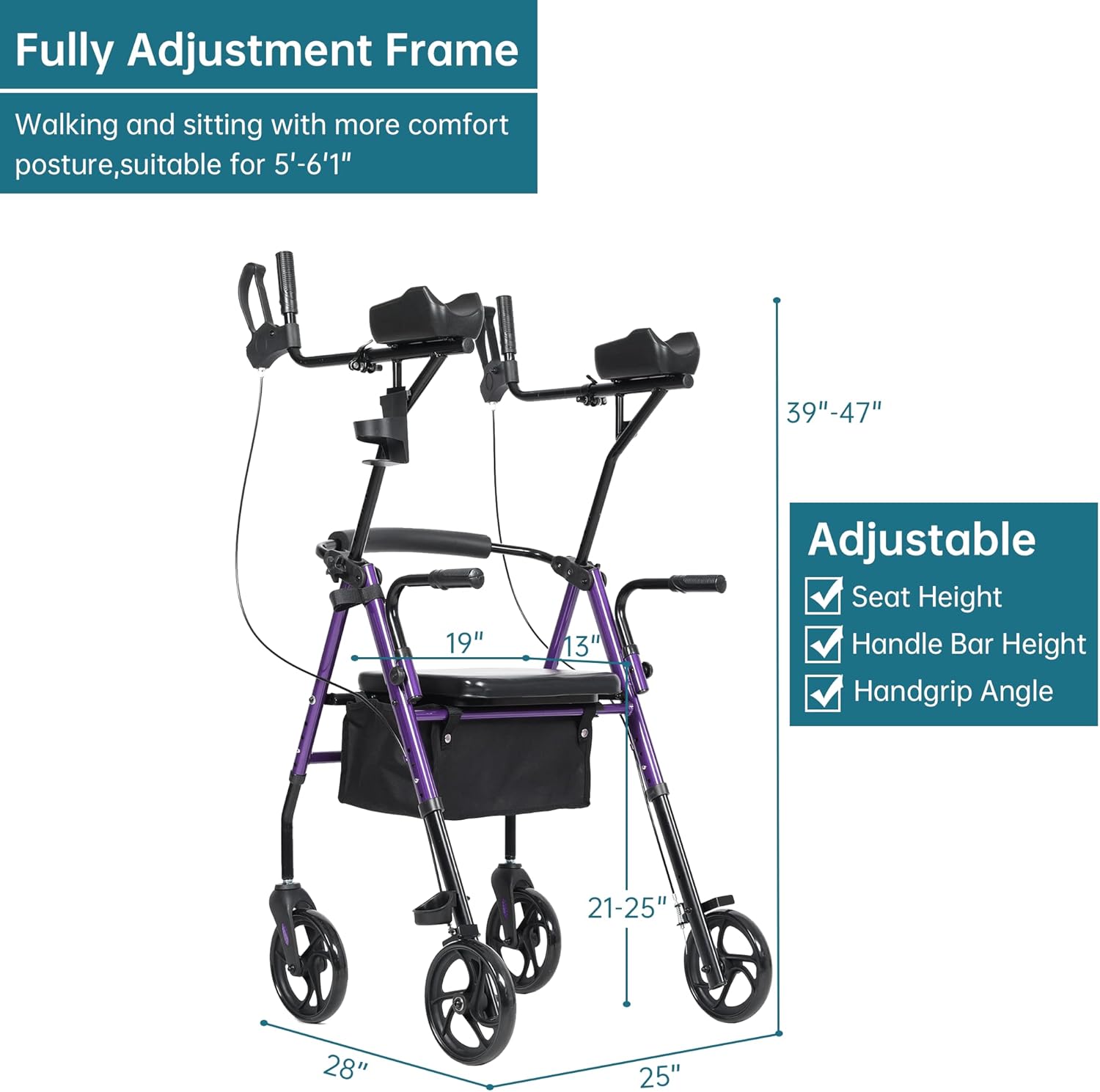 ELENKER Upright Walker, Stand Up Rollator Walker with Padded Seat and Backrest, Compact Folding, Fully Adjustment Frame for Seniors, Purple - Image 5