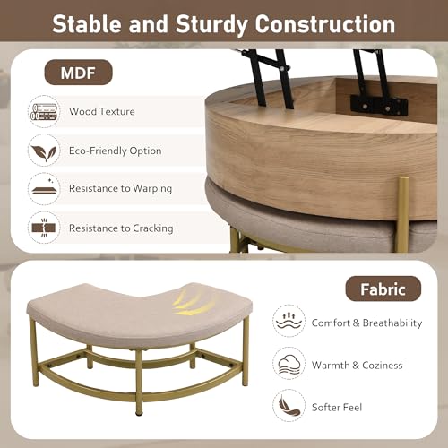 Linique Modern Round Lift-Top Coffee Table with Storage and 3 Ottoman, White + Black - Image 10