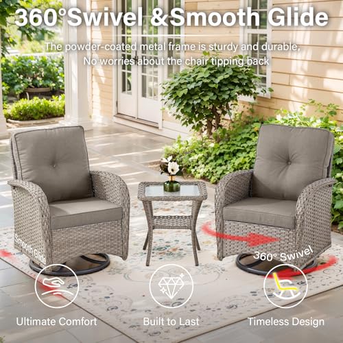 Patio Wicker Chairs Swivel Rocker – Outdoor Swivel Rocking Chairs Set of 2 with Rattan Side Table, Patio Swivel Glider Chair 3 Piece Patio Furniture Sets for Deck Porch Pool Brown/Blue - Image 3