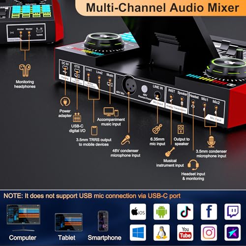 Podcast Microphone Bundle with Live Sound Card Audio Mixer, Podcast Equipment Bundle with 3.5mm Condenser Microphone for Pc/Phone Live Streaming Singing Gaming, Sound Board with Voice Changer, Denoise - Image 8