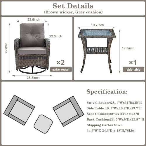 Patio Wicker Chairs Swivel Rocker – Outdoor Swivel Rocking Chairs Set of 2 with Rattan Side Table, Patio Swivel Glider Chair 3 Piece Patio Furniture Sets for Deck Porch Pool Brown/Blue - Image 30