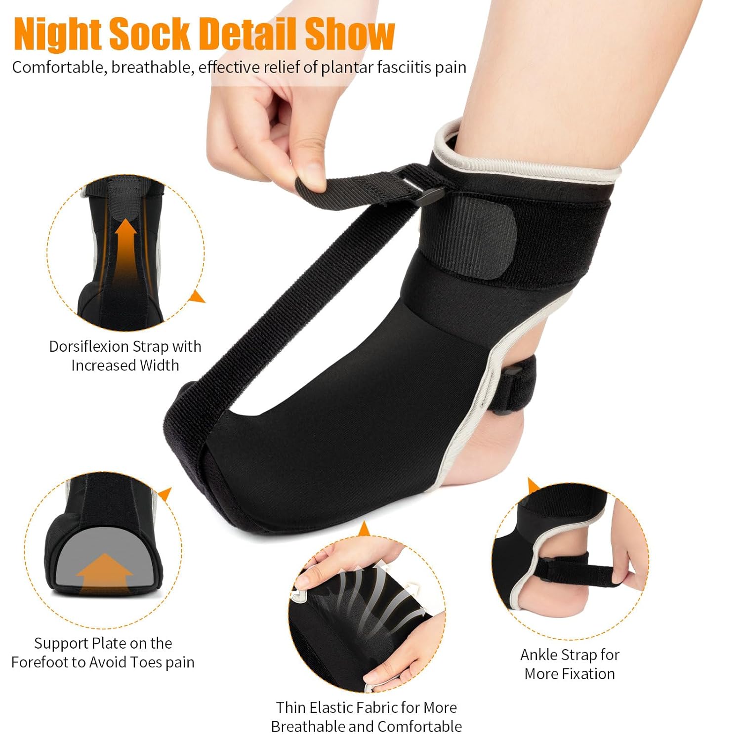 Plantar Fasciitis Night Splint Sock Upgraded Plantar Fasciitis Brace with Support Plate for Women Men for Achilles Tendonitis Foot Drop Heel Spur Pain Relief Black (Small) - Image 3