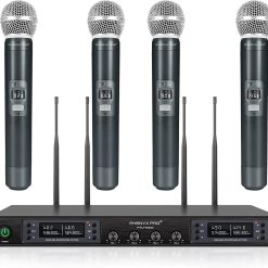Wireless Microphone System, Phenyx Pro Quad Channel Cordless Mic Set with Metal Handheld Mics, 4×40 Channels, Auto Scan, Long Distance 328ft, Ideal for DJ, Church, Outdoor Events (PTU-7000A)