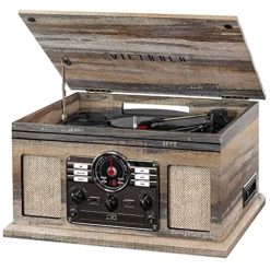 Victrola The Quincy 6-in-1 Bluetooth Record Player & Multimedia Center with Built-in Speakers ?C 3-Speed Turntable, CD & Cassette Player, AM/FM Radio, Wireless Music Streaming (Natural)