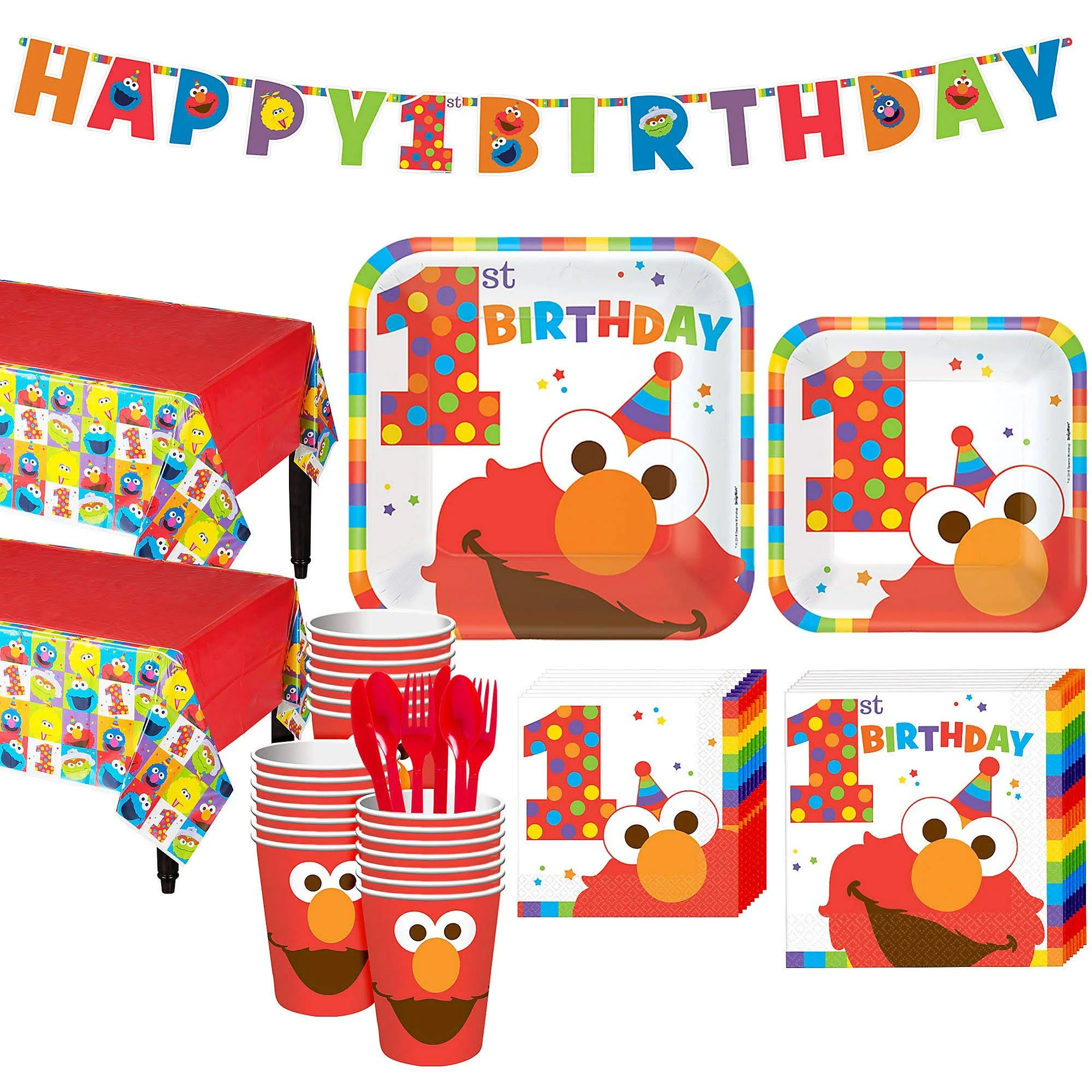 1st Birthday Elmo Party Kit for 32 Guests, with Table Decorating Kit and Banners