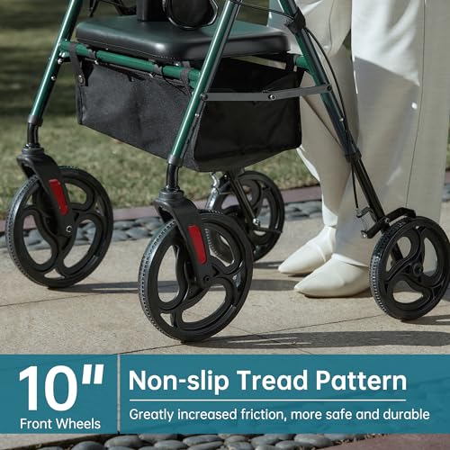 ELENKER Rollator Walker with 10?? Wheels, Sponge Padded Seat and Backrest, Fully Adjustment Frame for Seniors, Green - Image 4