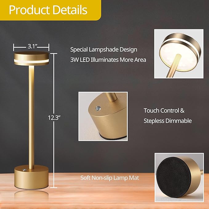 Cordless Table Lamp, Portable Rechargeable Bedside Lamp, Touch Stepless Dimmable Desk Lamp, for Home Bedroom Hotel Restaurant Bar Outdoor, 2 Pack, Gold - Image 3
