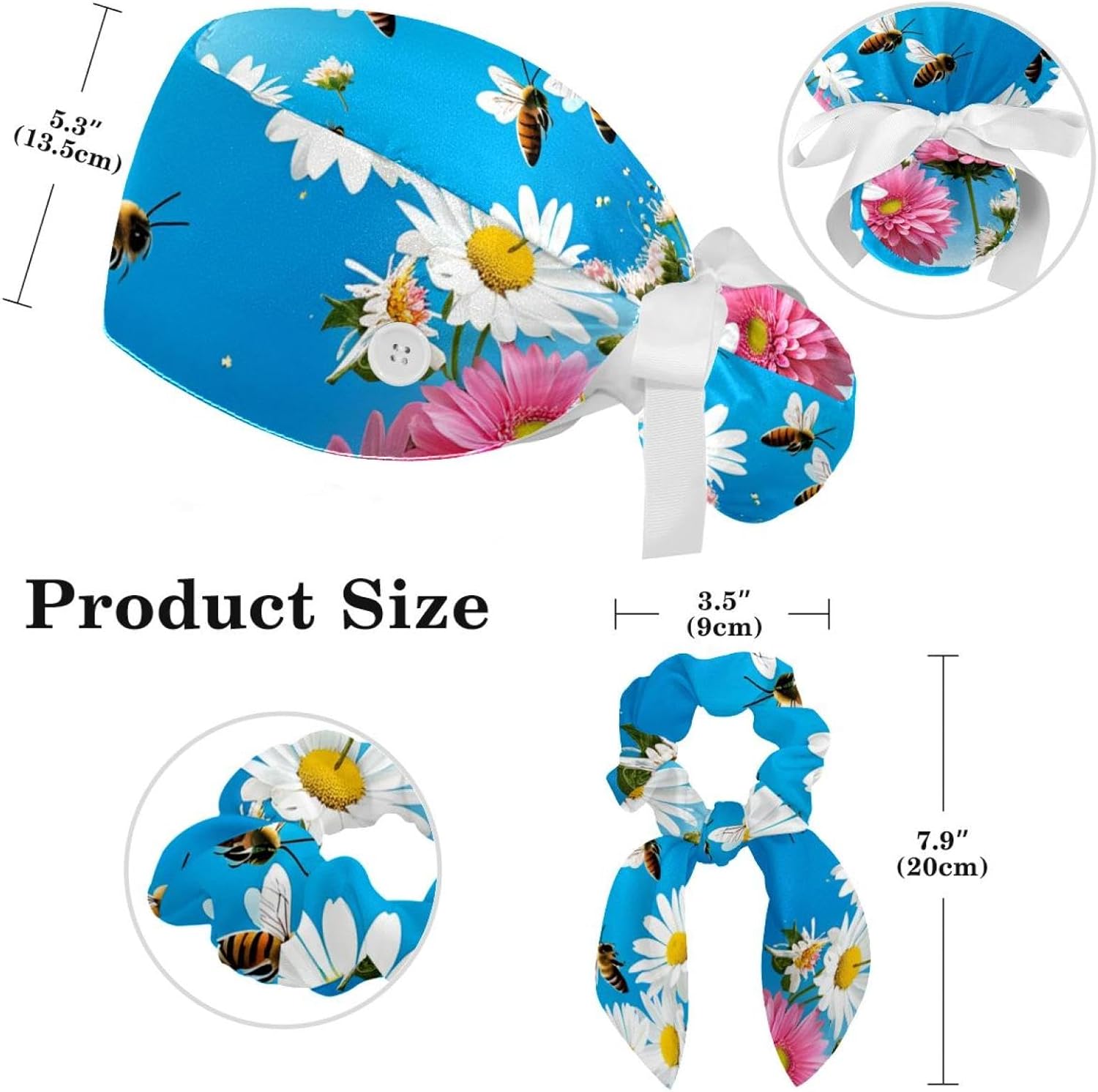 Scrub Surgical Hat,Cycling Hat with Buttons and Cotton Sweatband,Peach Blossom Spring Butterfly - Image 2