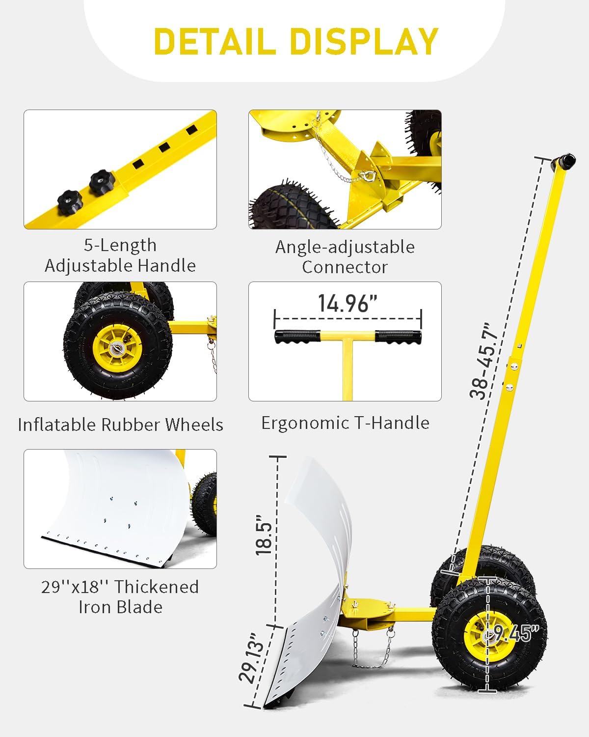 Outvita Snow Shovel with Wheels, 29 Wide 18 Long Snow Plow Shovel Angle & Height Adjustable Padded Handle Efficient Snow Clean Tool for Driveway or Pavement (Yellow) - Image 17