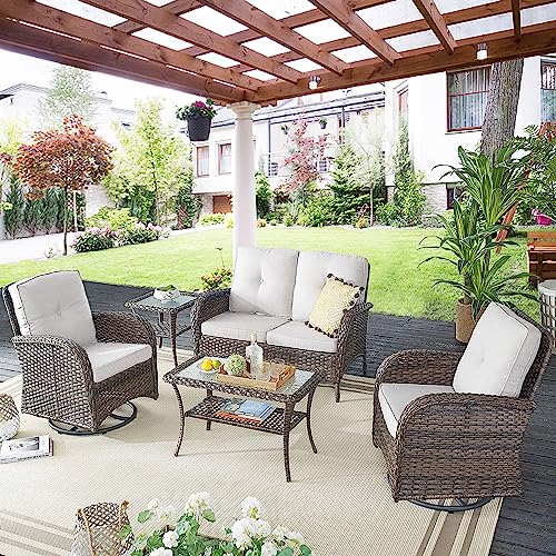 Patio Wicker Chairs Swivel Rocker – Outdoor Swivel Rocking Chairs Set of 2 with Rattan Side Table, Patio Swivel Glider Chair 3 Piece Patio Furniture Sets for Deck Porch Pool Brown/Blue - Image 157