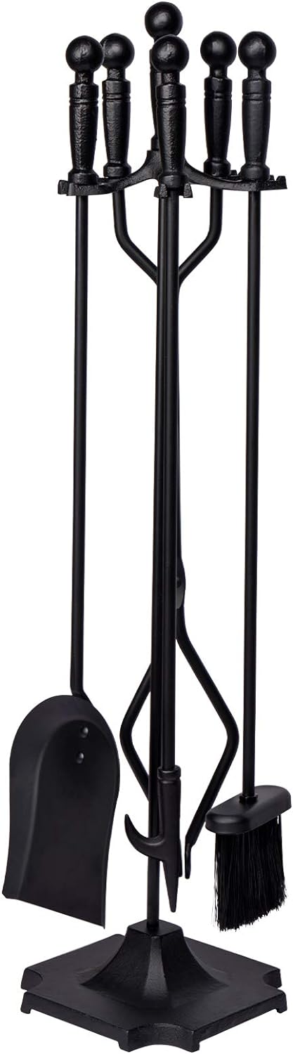Parts & Accessories 5-Piece Fireplace Tools Set, 32 Inch Wrought Iron Fireplace Accessories Includes Fire Poker, Shovel, Brush, Tong, and Stand, Easy to Assemble
