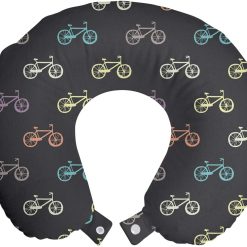 Ambesonne Bicycle Travel Pillow Neck Rest, Biking Theme Cycling Outdoors Travelling Colorful and Retro on a Dark Background, Memory Foam Traveling Accessory for Airplane and Car, 12, Multicolor