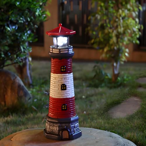Garden Outdoor Statues, Waterproof Lighthouse Lights Lawn Decor; Automatic Rotating Solar Lights for Yard, Patio, Ground, Tabletop Decoration; Unique Housewarming Gifts – Red