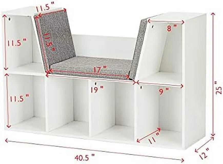 HJZBNONE 6-Cubby Bookcase w/Cushioned Reading Nook Multi Purpose Organizer Cabinet with Soft Cushion and Thick Wood Board for Children Girls & Boys Bedroom Decor Room (Modern Whit - Image 3