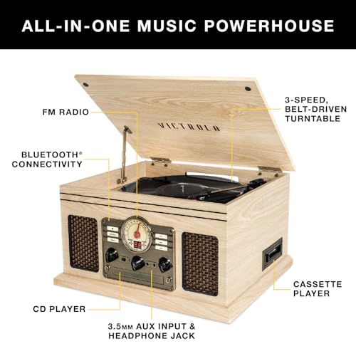 Victrola The Quincy 6-in-1 Bluetooth Record Player & Multimedia Center with Built-in Speakers ?C 3-Speed Turntable, CD & Cassette Player, AM/FM Radio, Wireless Music Streaming (Natural) - Image 3