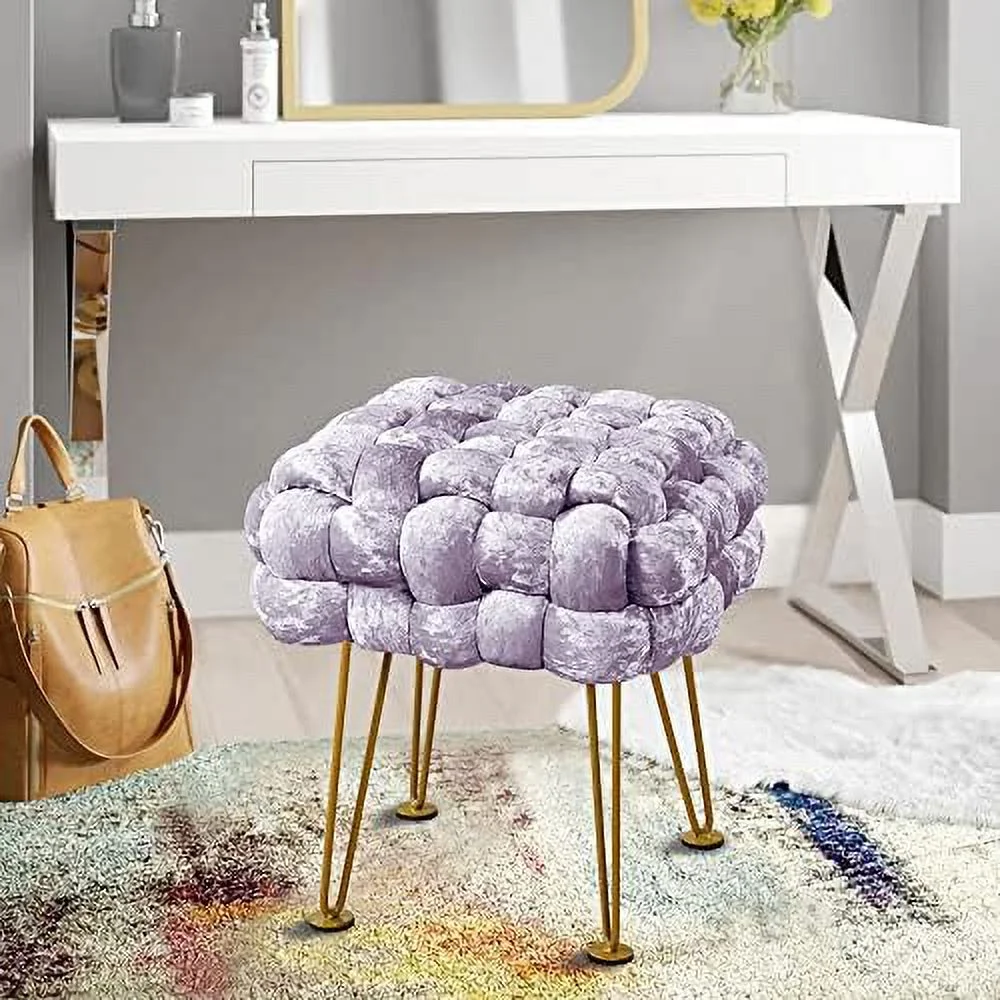 Retro Green Soft Upholstered Ottoman Entryway Bench Seat 16x16x16 Sturdy Accent Coffee Table for Living Room Make Up Vanity Fluffy Shoe Stool with Golden Legs for Bedroom C - Image 2