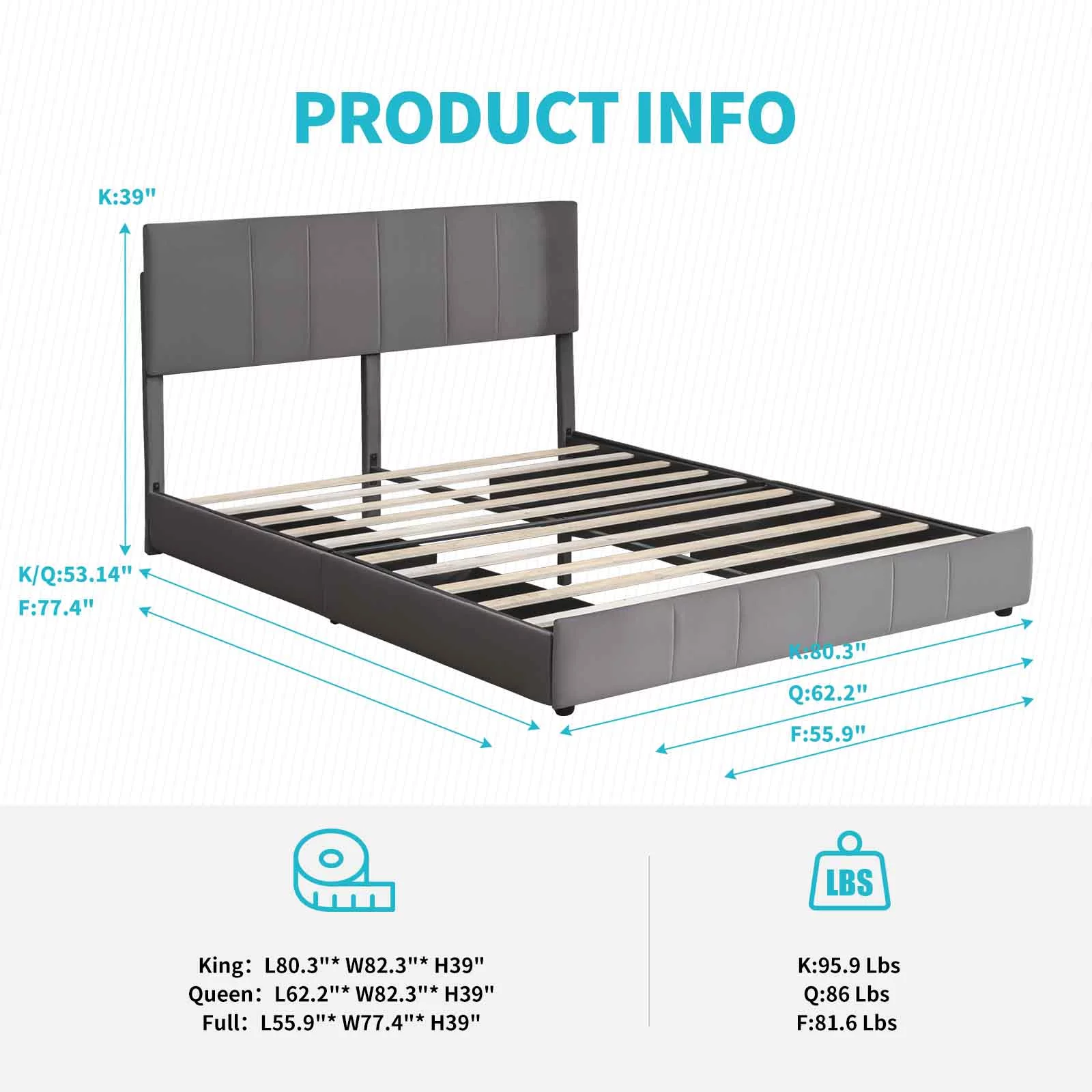 CECER King Size Bed Frame with 4 Storage Drawers, Platform Bed Frame Velvet Upholstered Adjustable Headboard, Solid Metal & Wood Frame Easy Assembly Dark Grey - Image 2