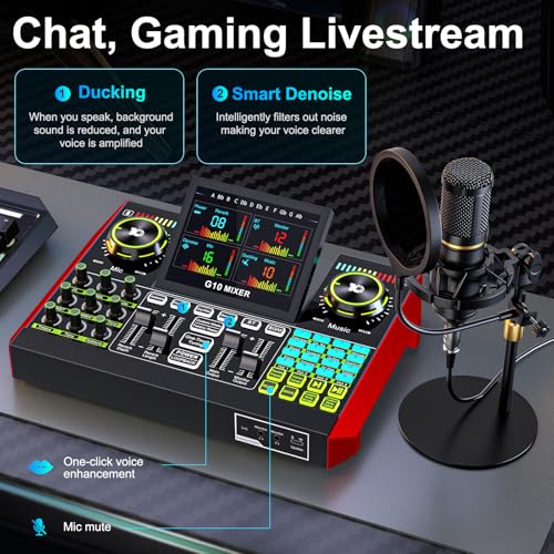 Podcast Microphone Bundle with Live Sound Card Audio Mixer, Podcast Equipment Bundle with 3.5mm Condenser Microphone for Pc/Phone Live Streaming Singing Gaming, Sound Board with Voice Changer, Denoise - Image 22