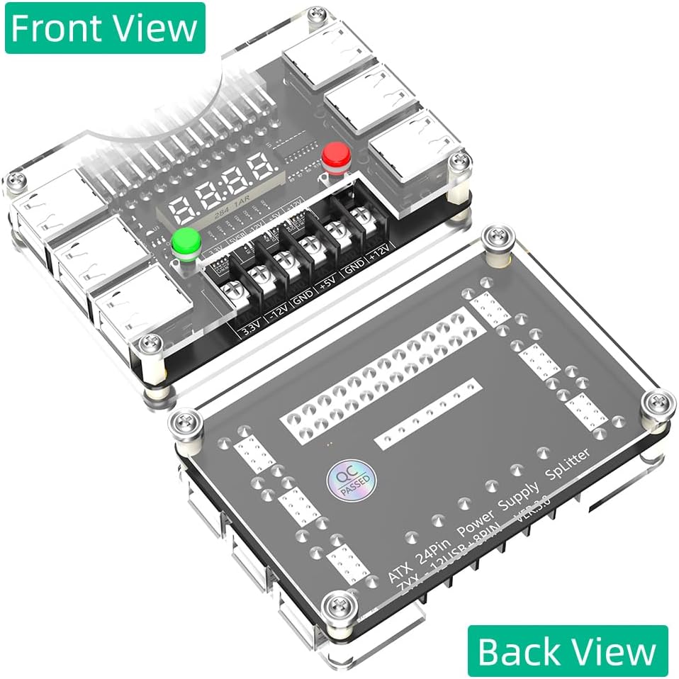 New Version ATX Power Supply Breakout Board and Acrylic Case Kit with 3.3V, 5V, 12V,-12V Output Voltage and 12 Ports USB, 3A Maximum Output - Image 2