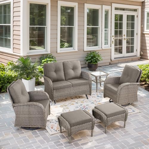 Patio Wicker Chairs Swivel Rocker – Outdoor Swivel Rocking Chairs Set of 2 with Rattan Side Table, Patio Swivel Glider Chair 3 Piece Patio Furniture Sets for Deck Porch Pool Brown/Blue - Image 23