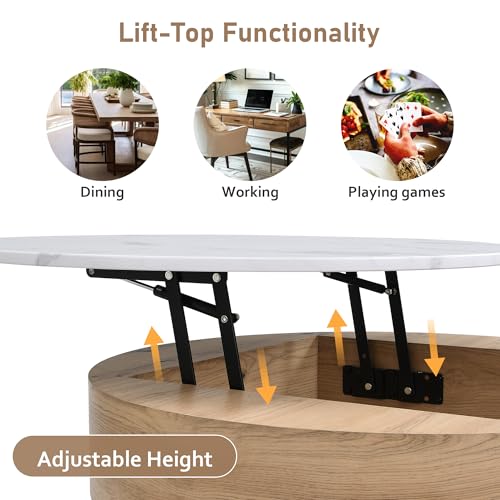 Linique Modern Round Lift-Top Coffee Table with Storage and 3 Ottoman, White + Black - Image 8