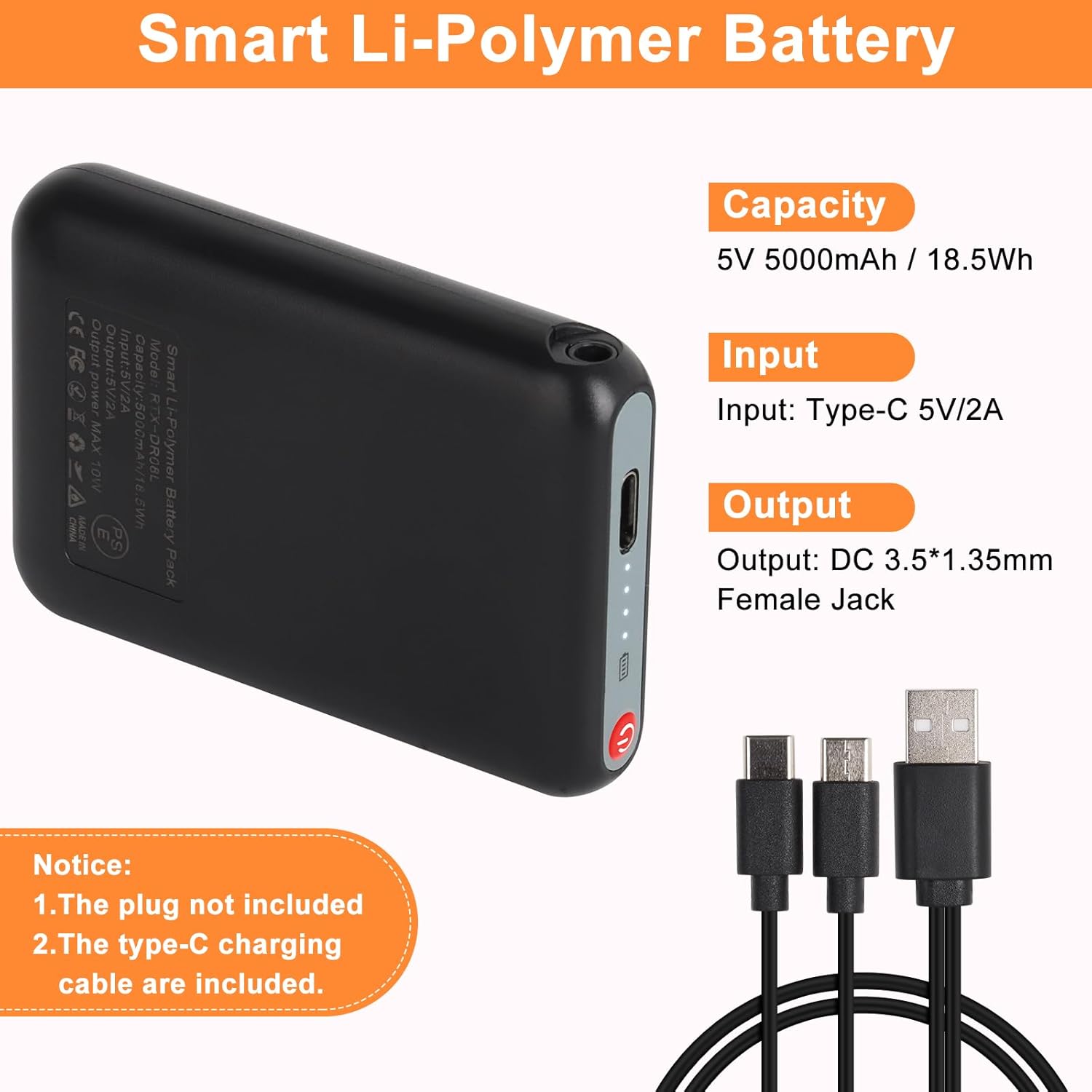 Amiable Upgraded 5V 5000mAh Li-Polymer Rechargeable Batteries, Suitable for Heated Gloves Heated Scarf Heated Socks, Heated Slippers Spare Battery (Black) - Image 2