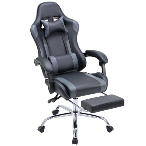 DUMOS Ergonomic Gaming Desk Chair – PU Leather Recliner with Footrest, Lumbar Support, Headrest, Fixed Armrests, Height Adjustable, 360?? Swivel, Grey, for Adults