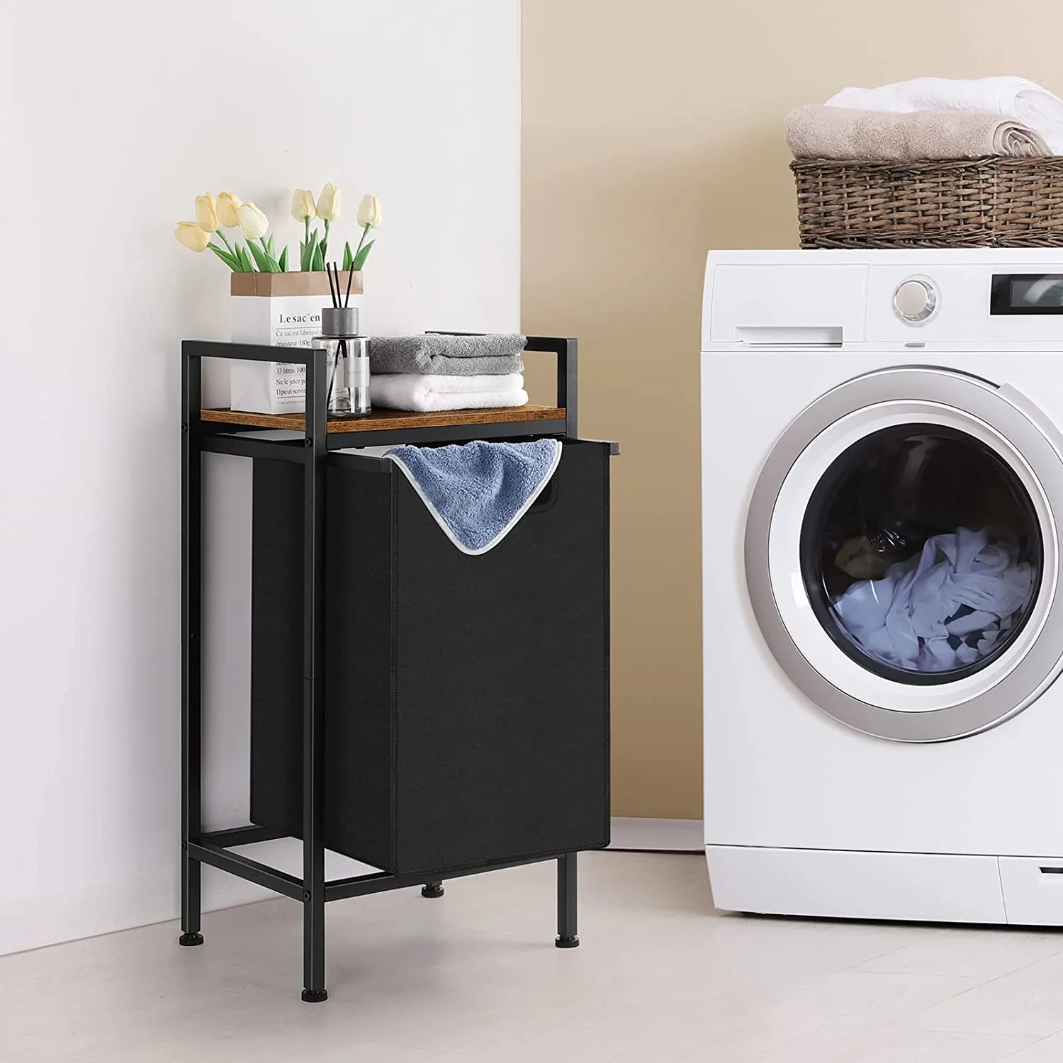 Black Laundry Hamper Basket with Removable Bag and Brown Wood Shelf - Image 5