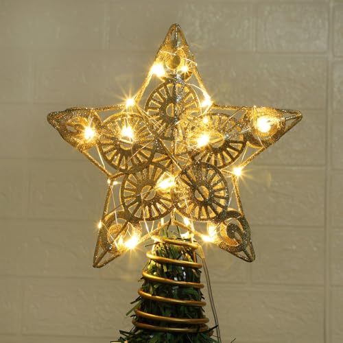 Juegoal Star Tree Topper with 20 LED Lights, Metal Golden Lighted Treetop Ornaments, Battery Powered Light Up Christmas Tree Decorations, 6.5 x 6.5 Inches - Image 14