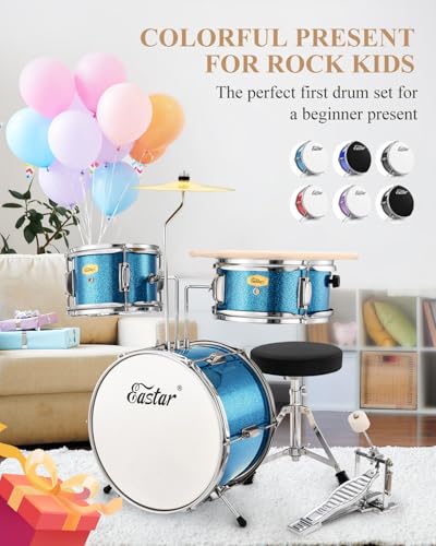 Kids Drum KIt Eastar 3-Piece for Beginners, 14 inch Drum Set with Adjustable Throne, Cymbal, Pedal & Two Pairs of Drumsticks, Junior Drum Set with Bass Tom Snare Drum, Metallic Sky Blue - Image 3