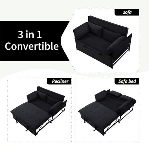 3 in 1 Sleeper Sofa Bed, Futon Sofa Bed for Living Room with Side Pocket, Black Sleepers Sofa Couch with Pullout Bed, Convertible Love Seat Sleepers Bed for Living Room, Bedroom, Small Space - Image 42