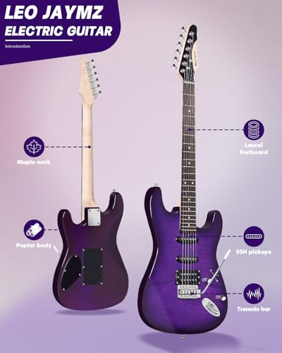 Leo Jaymz 39 Full Size ST Style Electric Guitar Starter Kit with SSH Pickup, 5W Portable Amp, Tuner, Gig Bag, Strap & Accessories (Violet Ocean) - Image 73