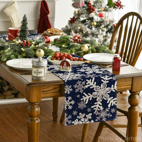 Artoid Mode Navy Blue Snowflakes Christmas Table Runner, Seasonal Winter Holiday Kitchen Dining Table Decoration for Home Party Decor 13×72 Inch - Image 16
