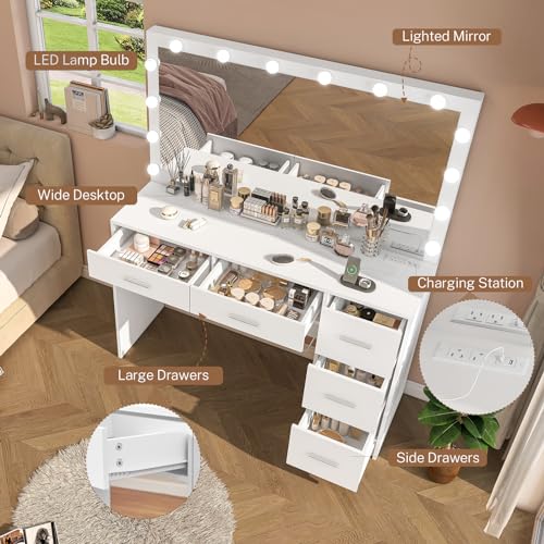 Makeup Vanity Desk with Mirror, 10 Lights, 5 Drawers, 3 Storage Shelves, 3 Color Modes & Adjustable Brightness Dressing Table, 35.4?? Desk, Black - Image 4
