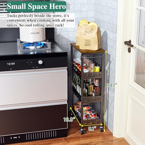 Utility Slim Storage Cart, 4 Tier Small Rolling Kitchen Laundry Room Cart with Wood Top, Metal Narrow Bathroom Storage Cabinet Mobile Shelf Unit Organizer Trolley with Handle for Narrow Space - Image 11