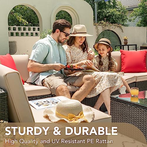 Devoko Patio Furniture Sets 6 Pieces Outdoor Sectional Rattan Sofa Manual Weaving Wicker Patio Conversation Set with Glass Table and Cushion (Beige) - Image 37
