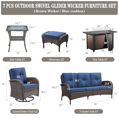 Patio Wicker Chairs Swivel Rocker – Outdoor Swivel Rocking Chairs Set of 2 with Rattan Side Table, Patio Swivel Glider Chair 3 Piece Patio Furniture Sets for Deck Porch Pool Brown/Blue - Image 118