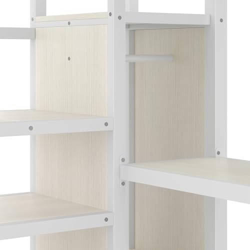 SOFTSEA Queen Size Metal Loft Bed with L-Shaped Desk and Wardrobe, Metal Bed Frame with USB and Adjustable Shelf, High Loft Bed with LED for Bedroom, No Box Spring Needed, White Wood Grain - Image 9