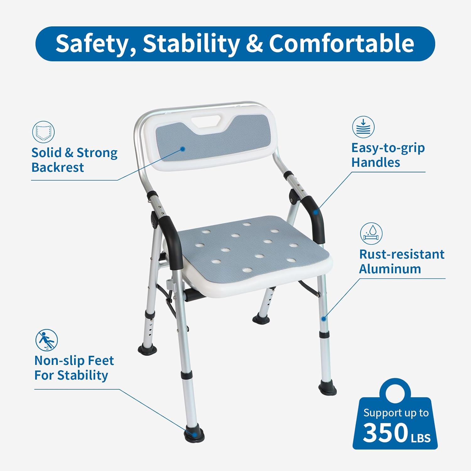 Shower Chair for Elderly & Disabled, Folding Shower Chair Seat with Arm and Back, Inside Shower Chair, Foldable Bathroom Chairs for Sitting, Portable for Travel – Collapsible, Compact & Comfortable - Image 3